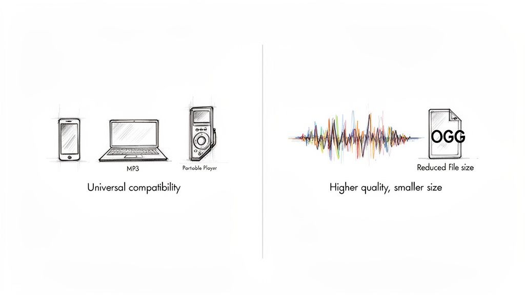 Illustrates the contrast between MP3's universal compatibility and OGG's higher quality, smaller files.