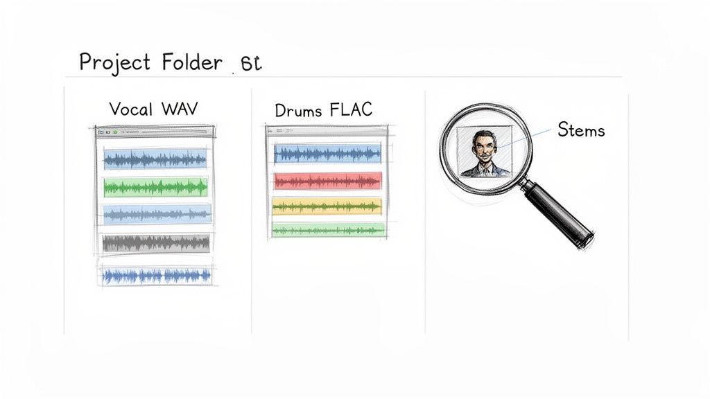 An illustration of a project folder containing vocal WAV and drum FLAC audio stems, highlighted by a magnifying glass.