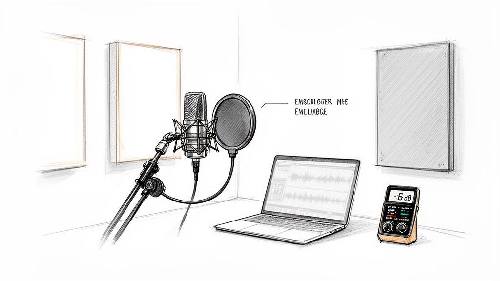 A detailed sketch of a home recording studio with a microphone, laptop, and audio interface.