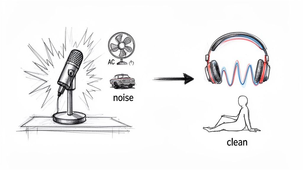 Diagram illustrating a microphone capturing noise from a fan and car, processed into clean audio output through headphones.