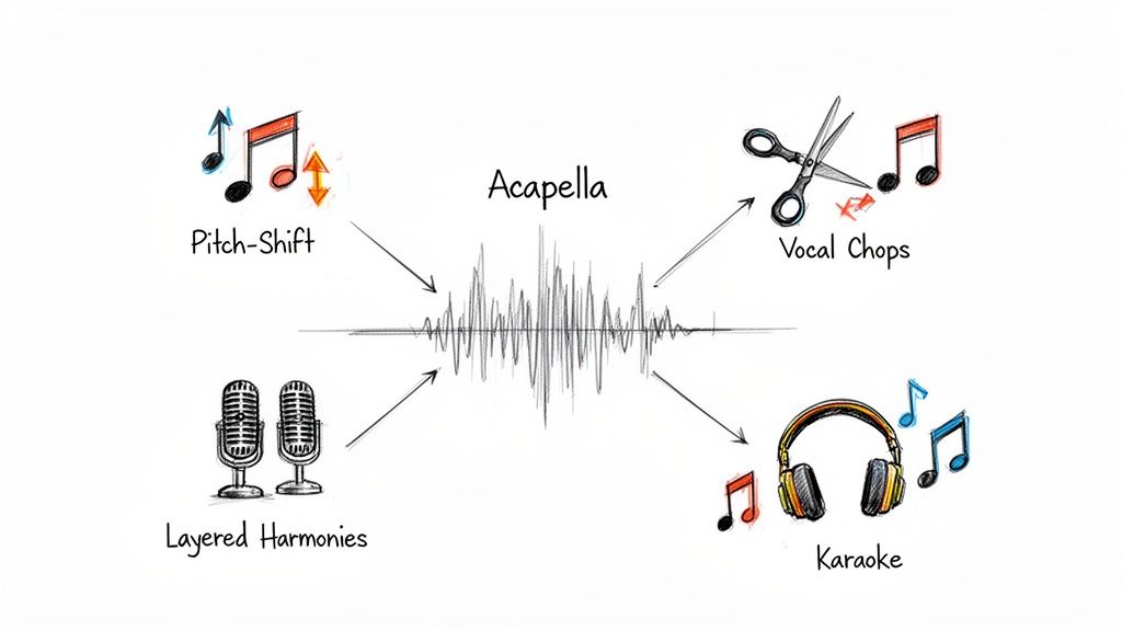 Diagram illustrating four vocal manipulation techniques: Pitch-Shift, Vocal Chops, Layered Harmonies, and Karaoke.