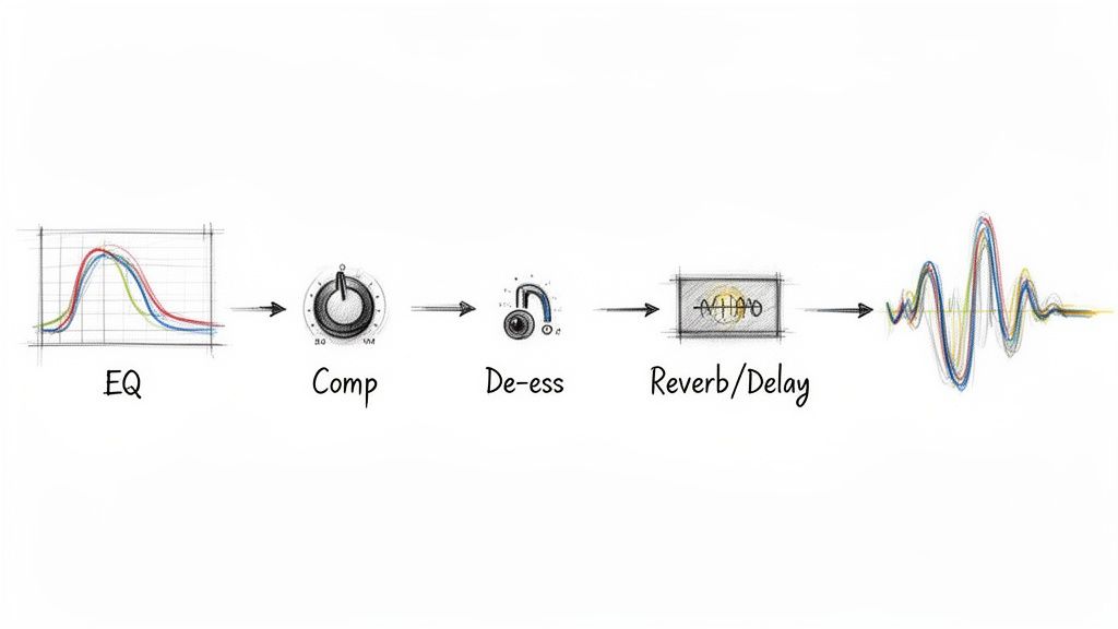 A flow diagram illustrating common audio processing effects like EQ, compression, de-essing, reverb, and delay in sequence.