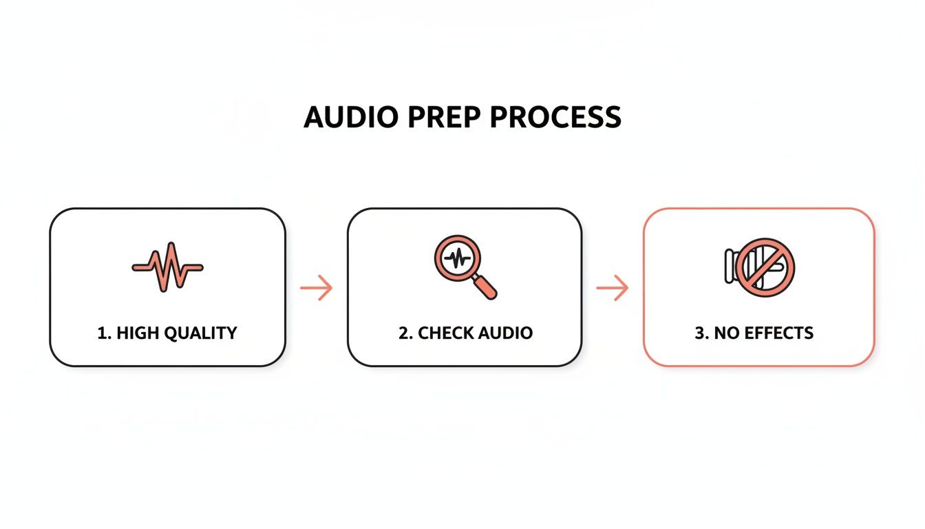 A visual diagram outlining the audio preparation process, emphasizing high quality, checking audio, and avoiding effects.