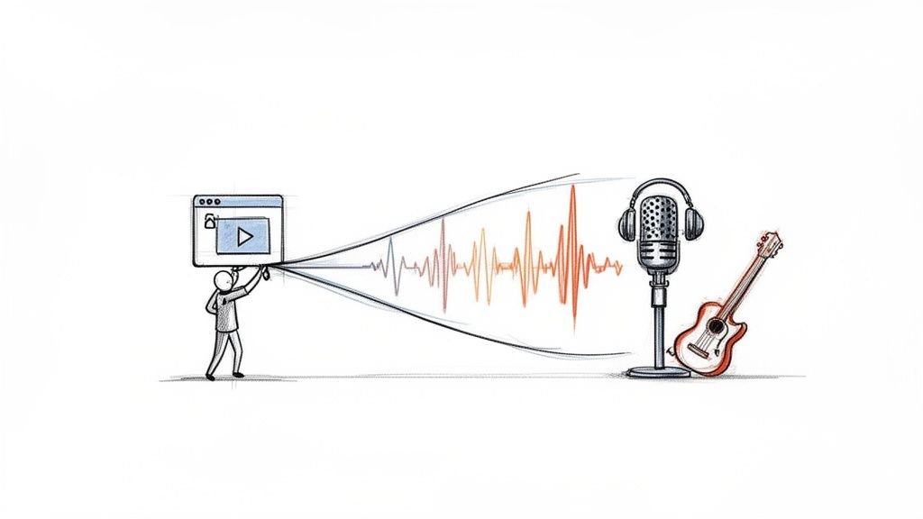 A stick figure extracts audio waves from a video player, flowing towards a microphone and guitar.