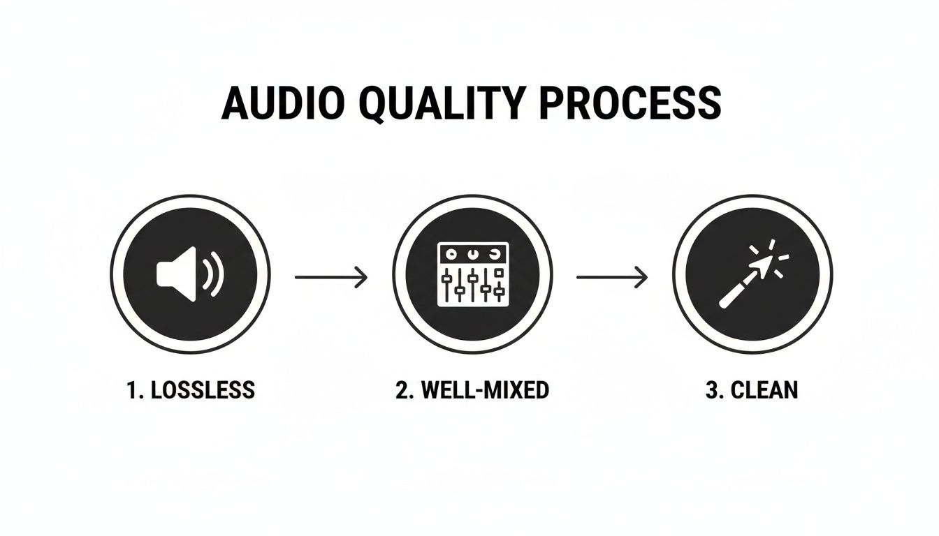 Diagram illustrating the audio quality process in three steps: lossless, well-mixed, and clean sound.