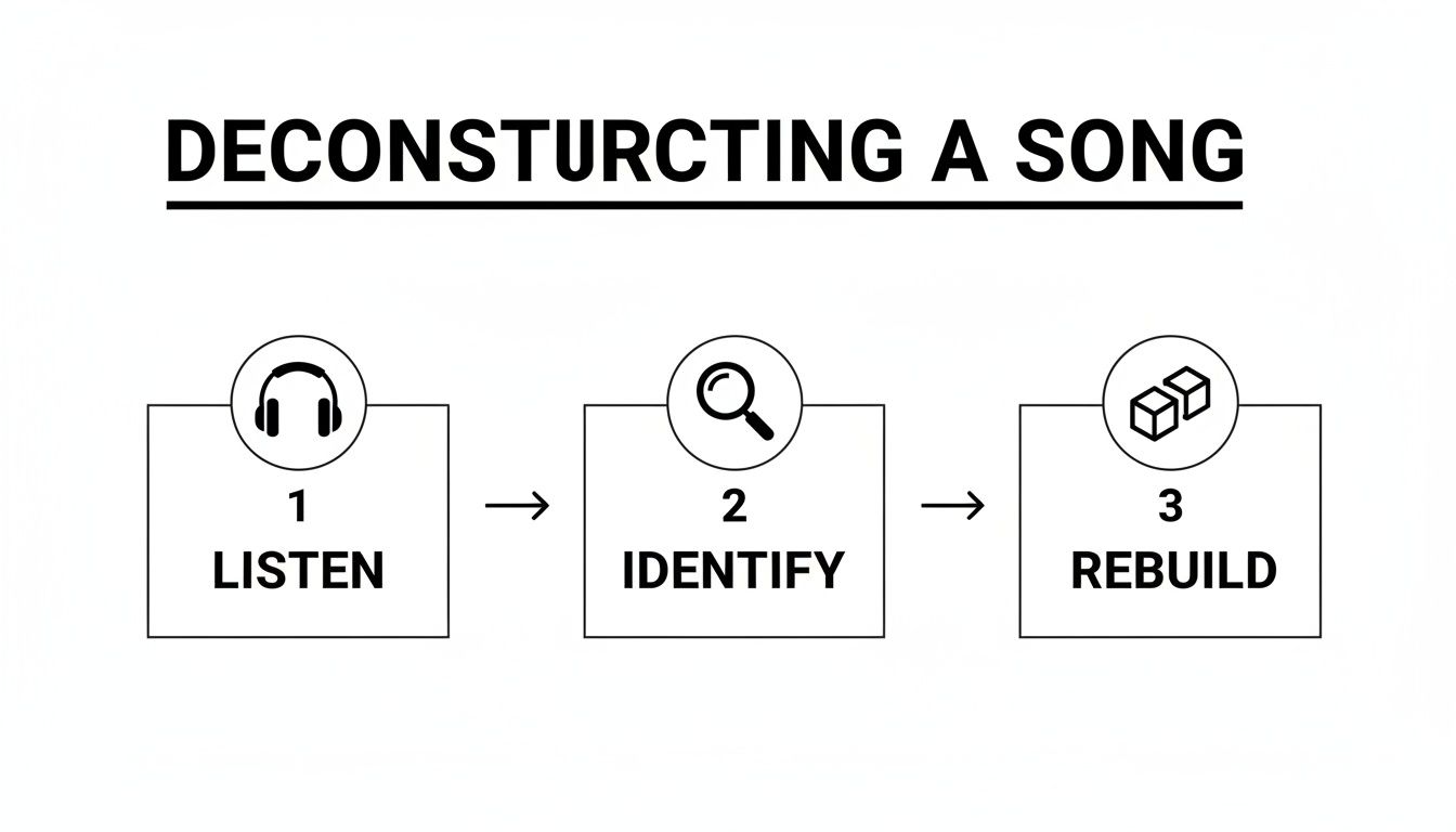 Flowchart outlining the three-step process of deconstructing a song: Listen, Identify, Rebuild.