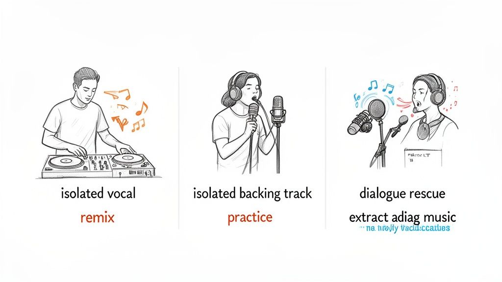 Three illustrations depict audio separation use cases: remixing isolated vocals, practicing with backing tracks, and dialogue rescue.