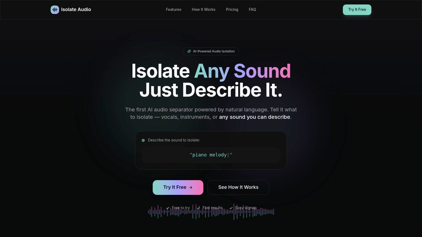 A screenshot of the Isolate Audio user interface showing a prompt to isolate a "piano melody" from an audio file.