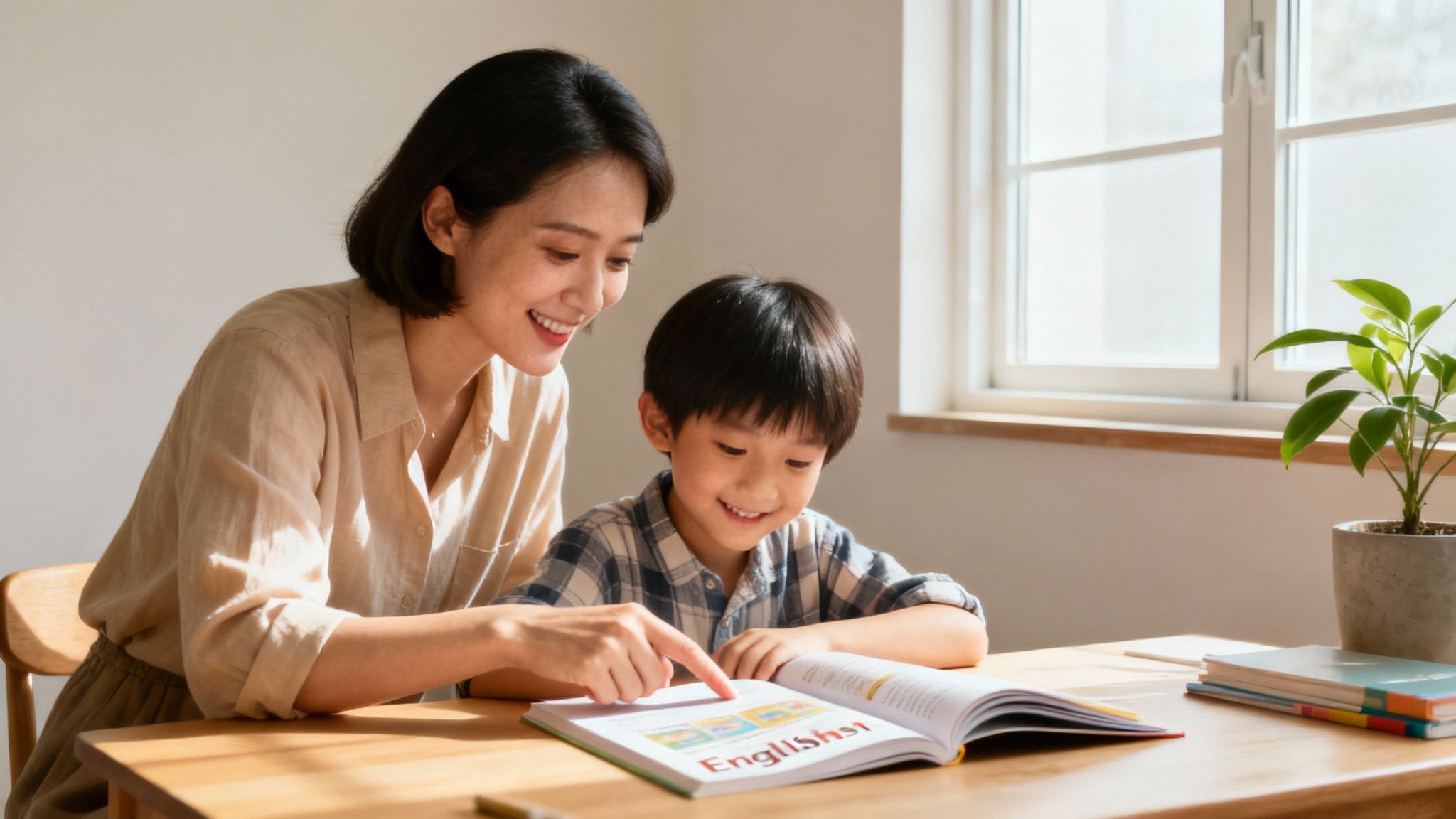 Un tuteur aide un jeune élève à lire un livre d'anglais