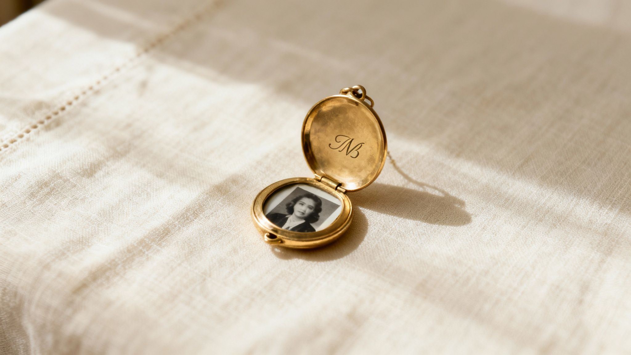 Open gold locket displaying a black and white portrait of a woman on a light fabric.