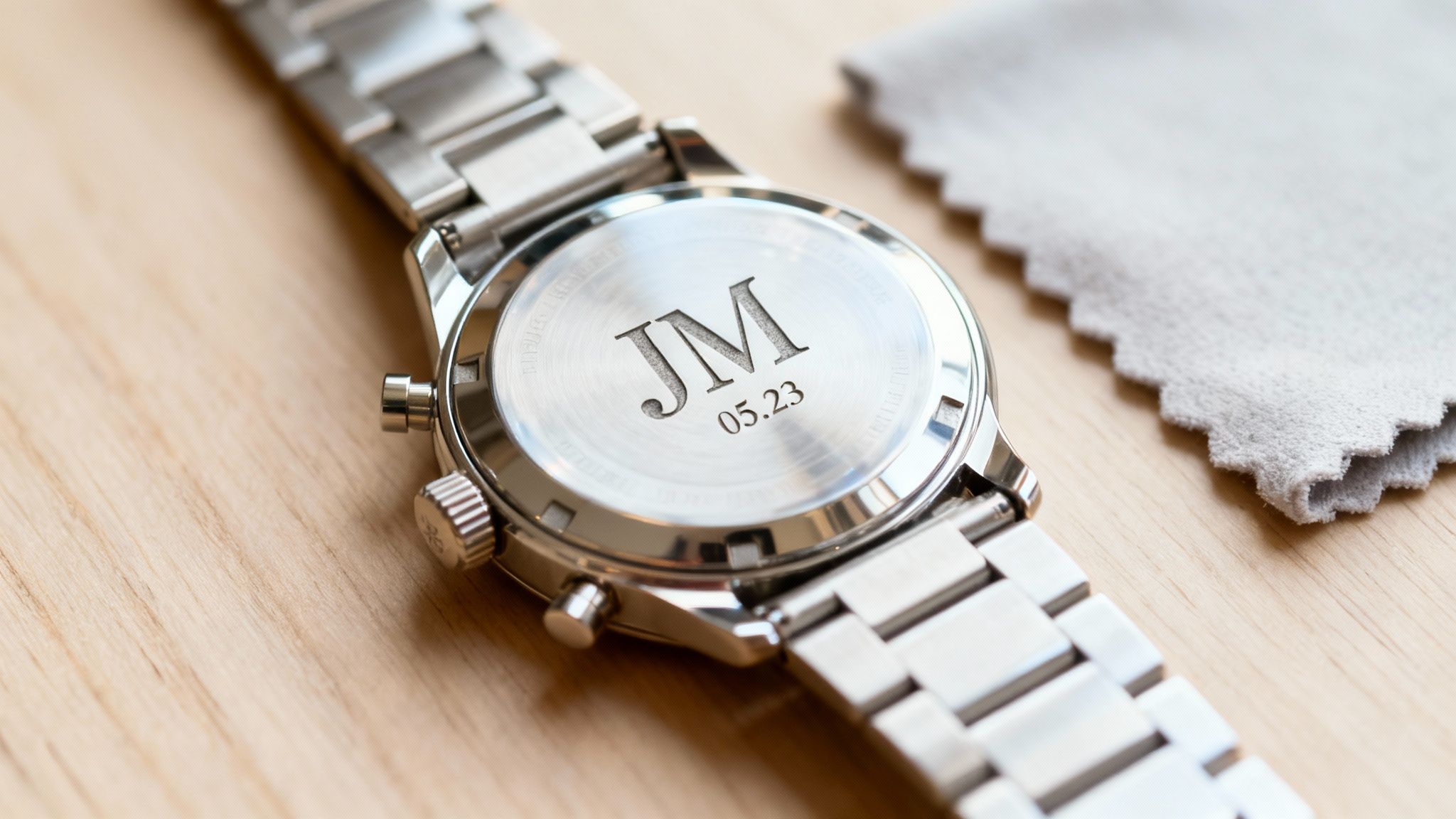 Close-up of a personalized silver watch back engraved with 'JM 05.23', on a wooden surface.