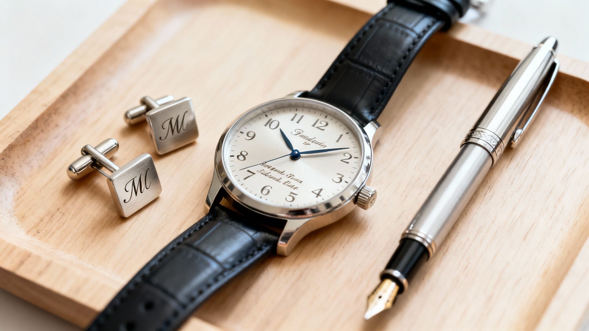 An elegant silver watch, monogrammed cufflinks, and a fountain pen on a wooden tray.