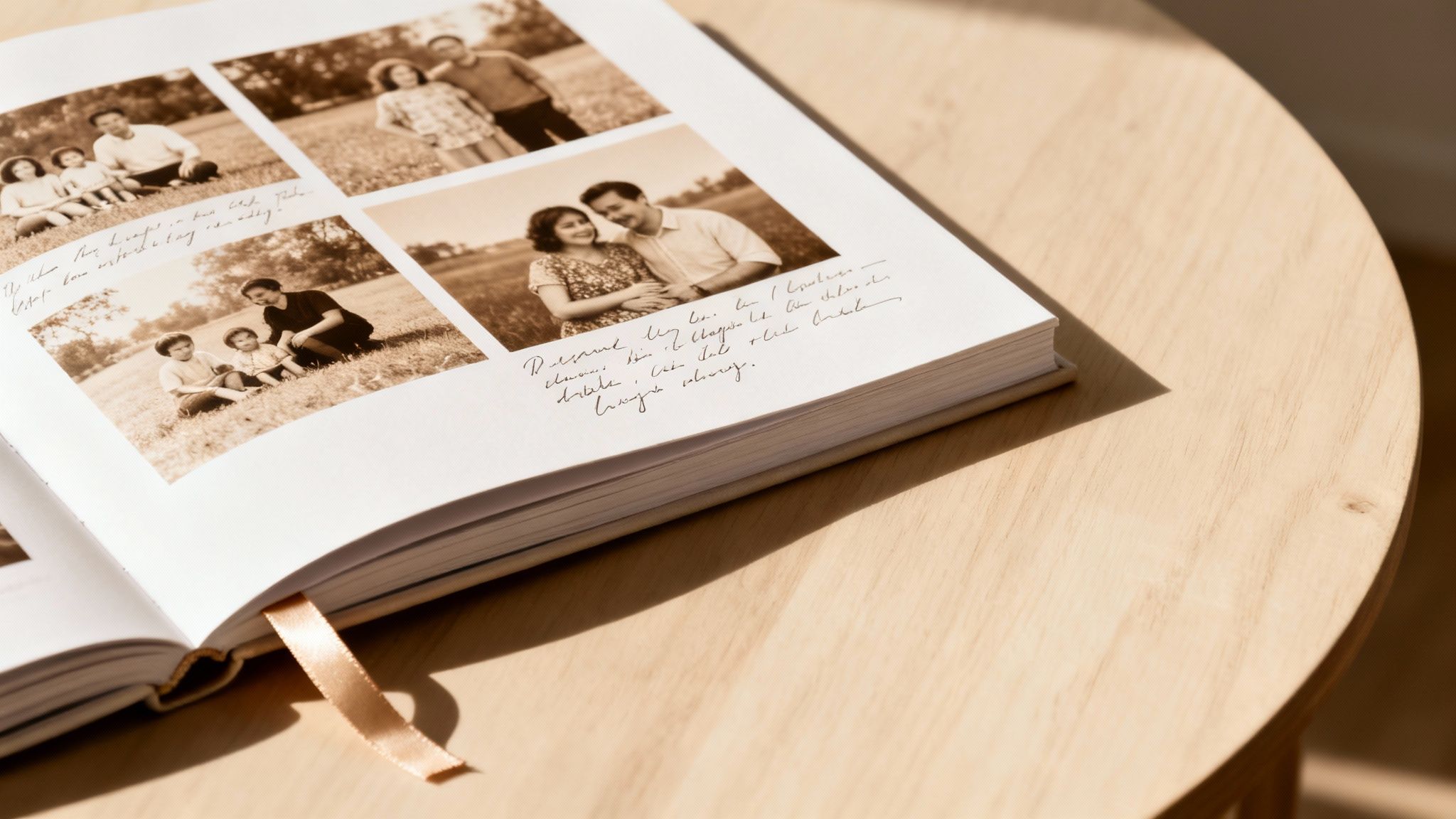 An open photo album displaying sepia-toned family pictures and handwritten notes on a wooden table, with a ribbon bookmark.