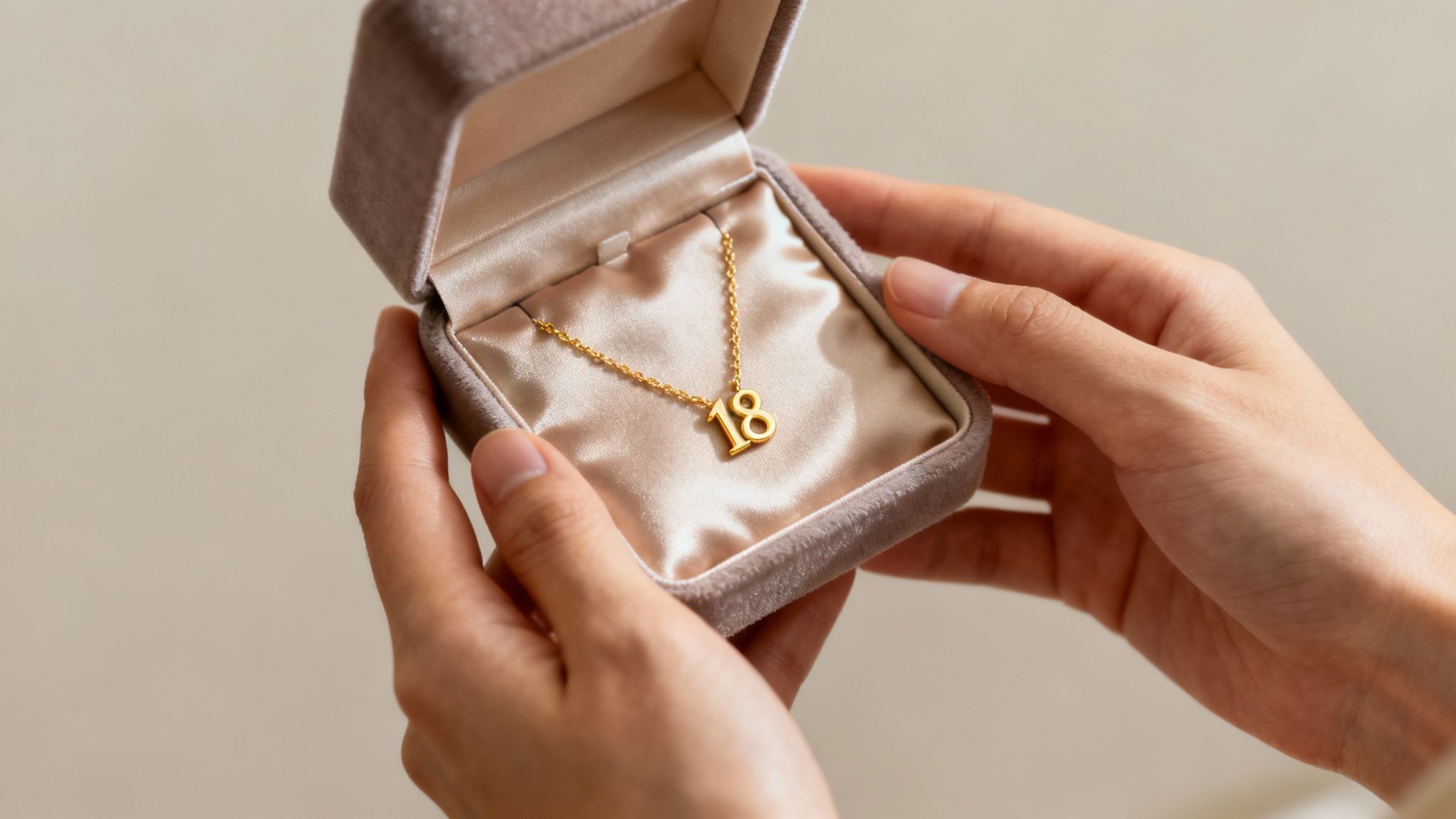 Hands holding open velvet jewelry box displaying gold number 18 pendant necklace gift