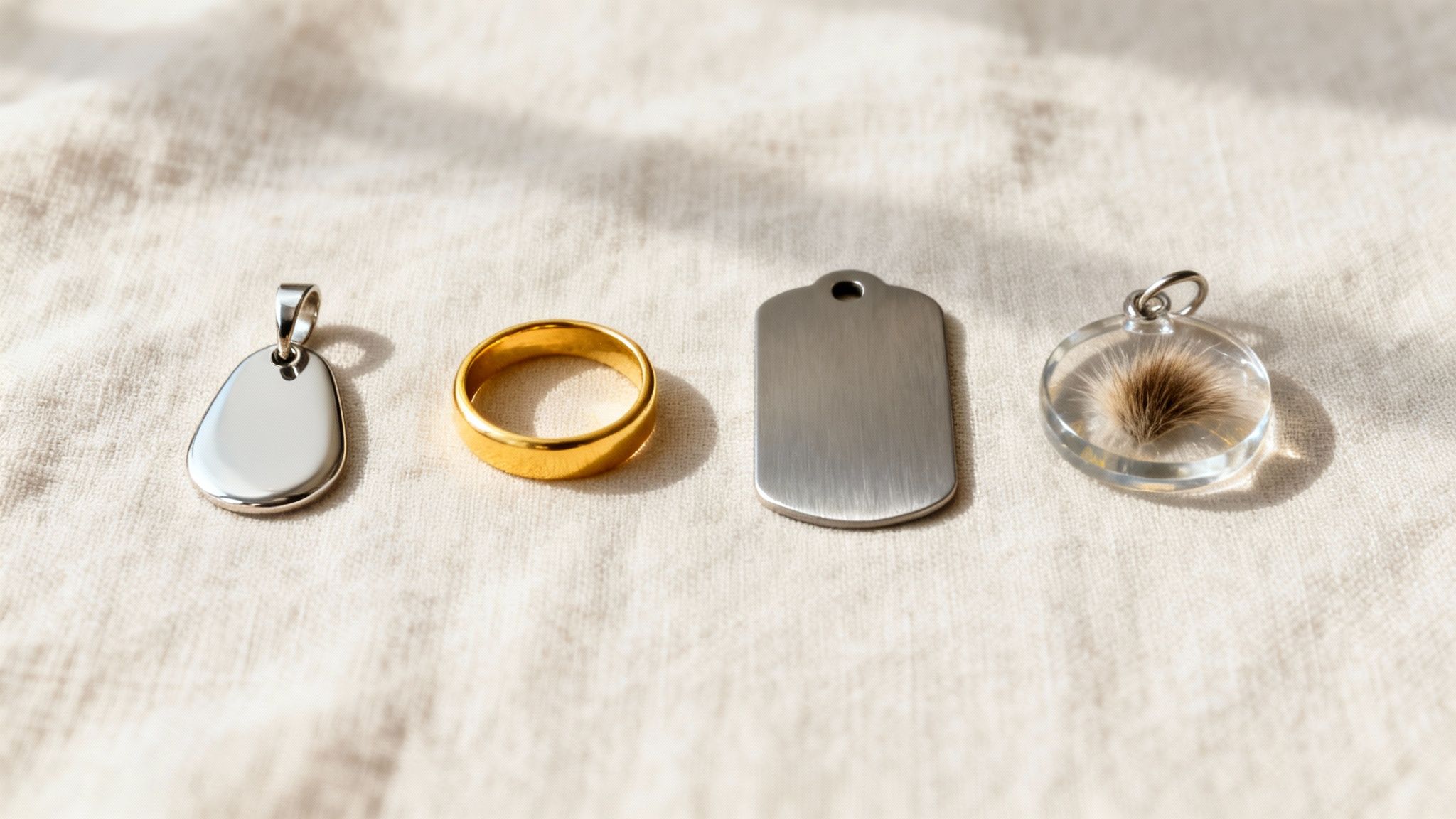 Four personalized pet memorial jewelry pieces, including a gold ring, silver pendants, and a resin pendant with fur.