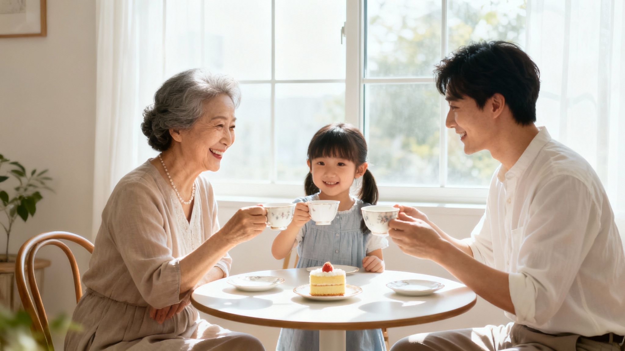 A multi-generational family, including a smiling grandmother, father, and child, enjoys tea and cake.