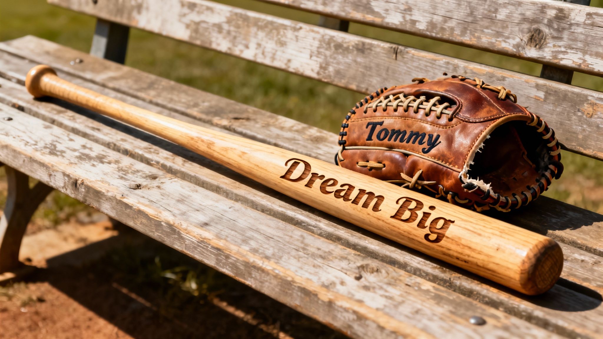 Personalized baseball bat with 'Dream Big' engraving and a baseball glove named 'Tommy' on a rustic bench.