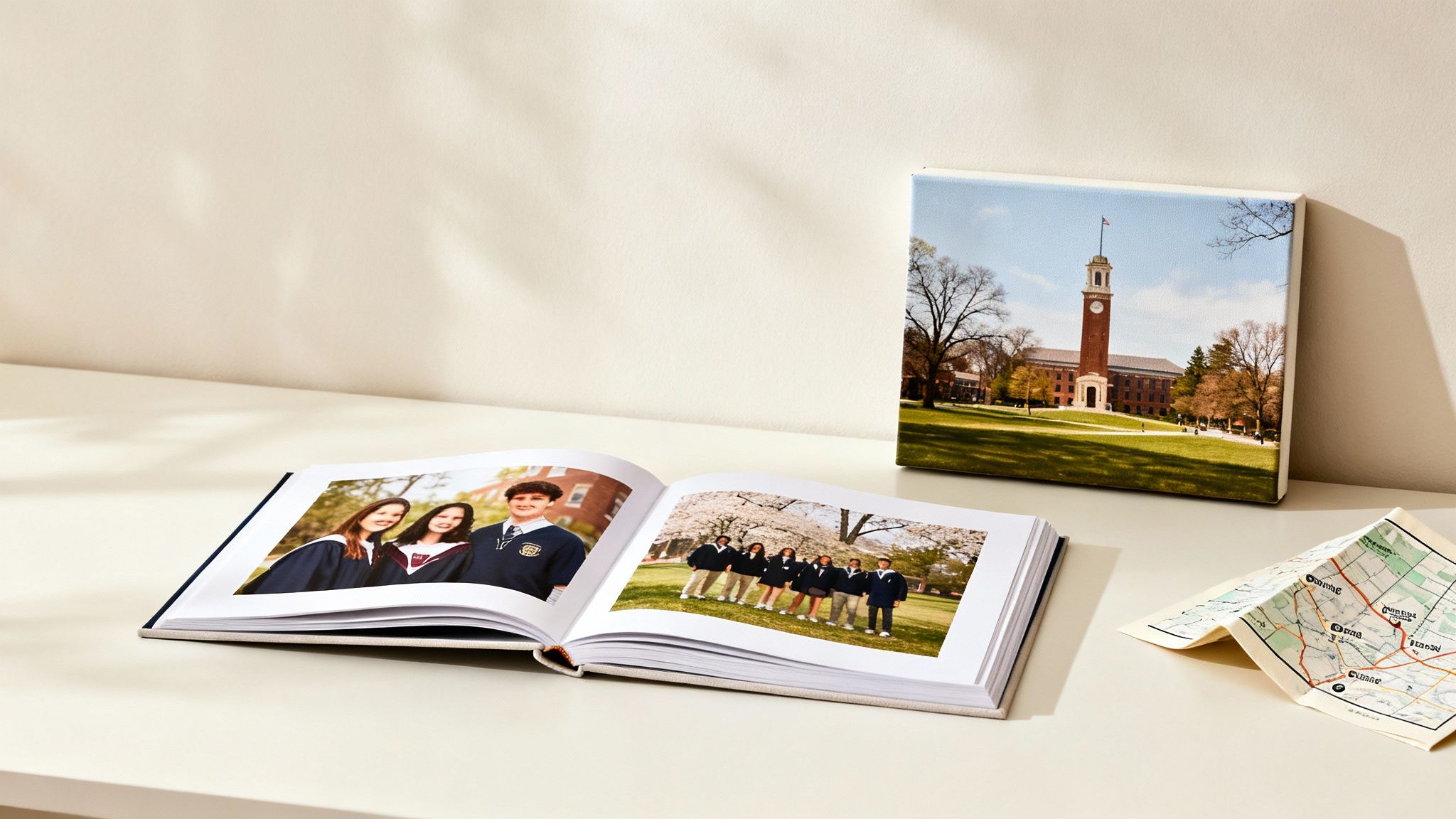 An open photo album and a canvas print on a white surface, showcasing graduation and college memories, with a map.