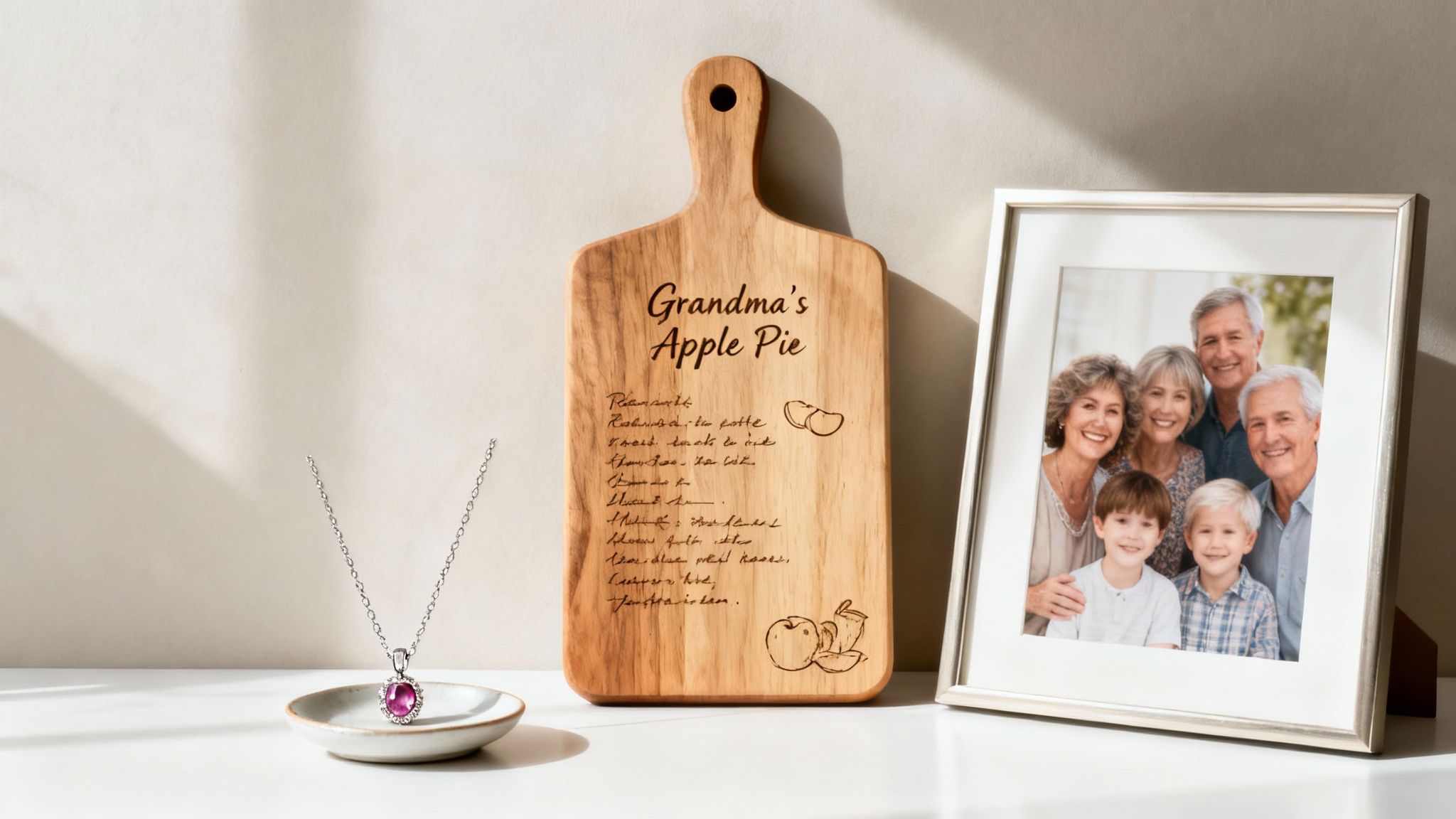 Personalized wooden cutting board with a recipe, a family photo frame, and a gemstone necklace.