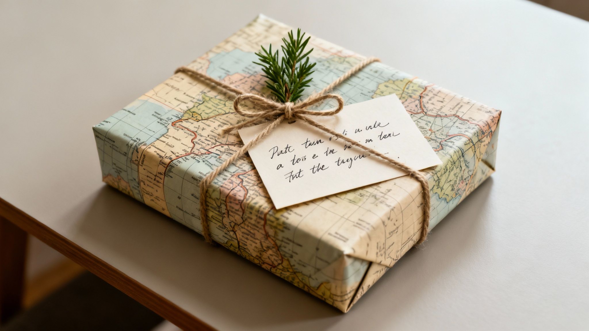 Vintage map wrapped gift box with twine bow, handwritten note, and rosemary sprig decoration