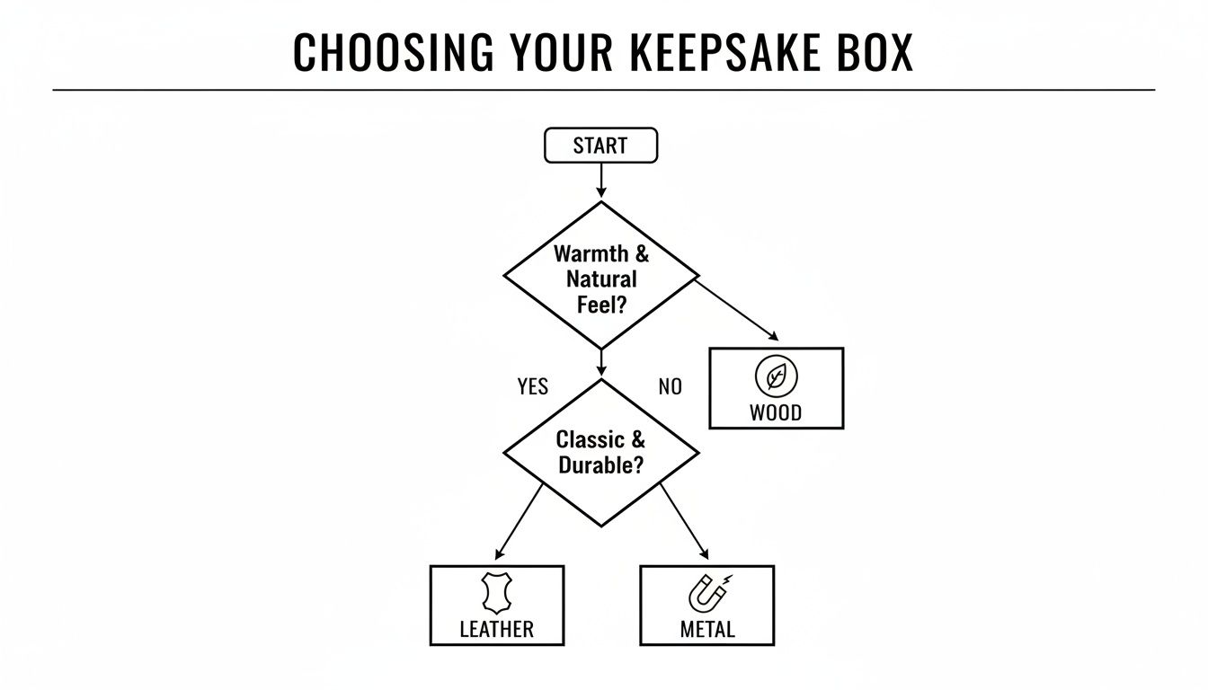 Flowchart guiding users to choose a keepsake box based on warmth, natural feel, classic, durable attributes resulting in wood, leather, or metal options.
