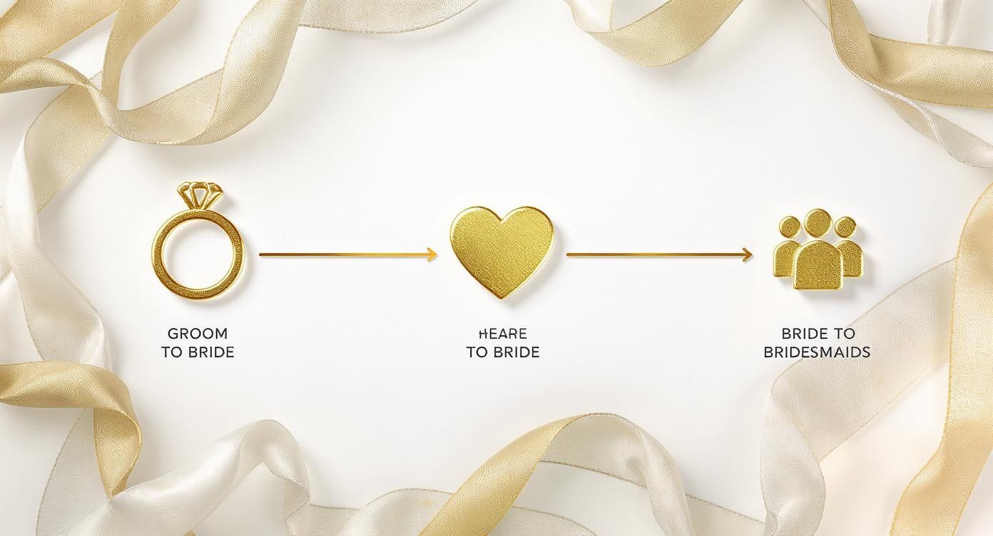 Gold wedding symbols showing engagement ring, heart, and bridesmaids representing bridal party journey with elegant ribbon