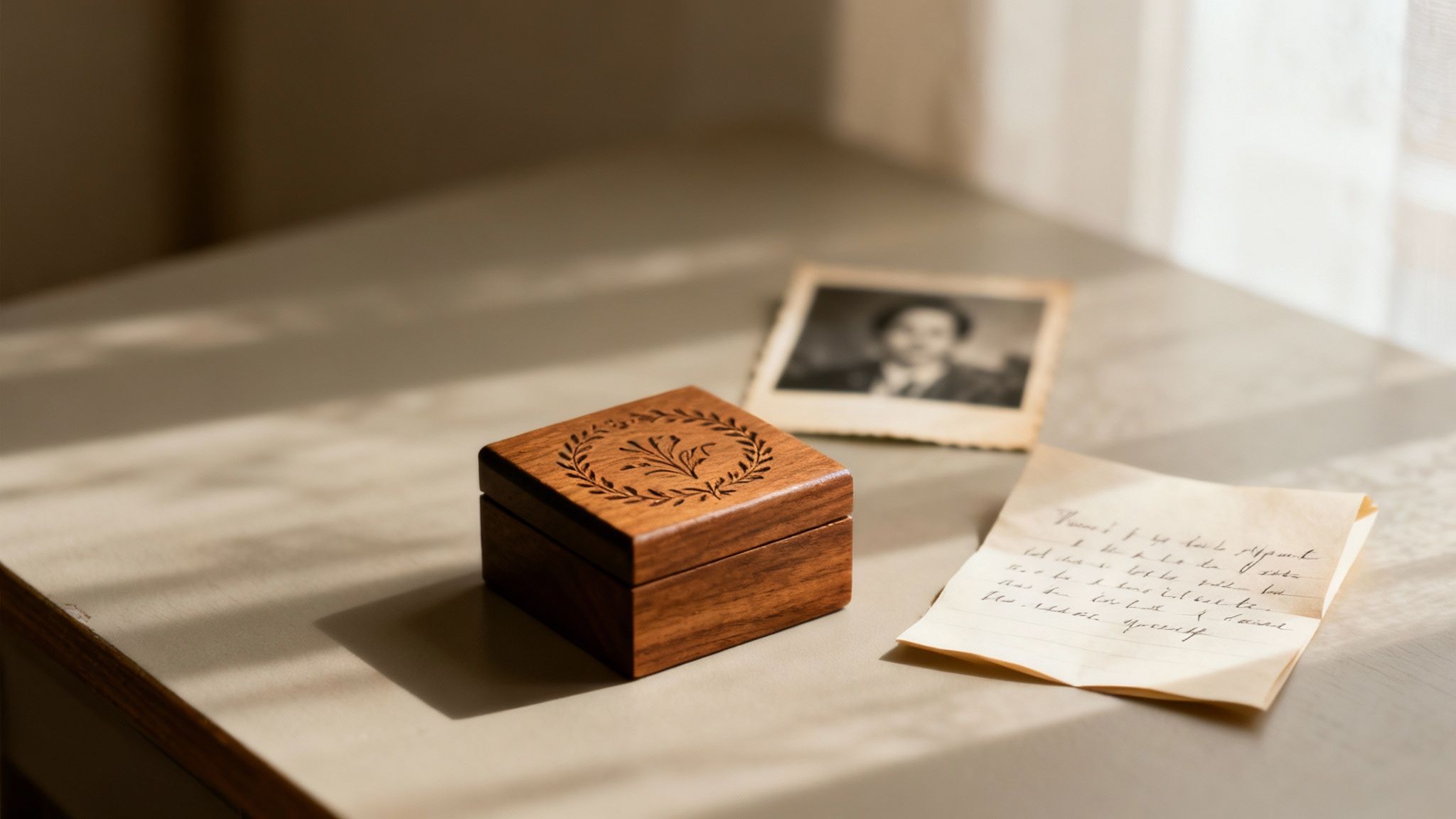 Nostalgic display with an engraved wooden box, handwritten letter, and a vintage black-and-white photo.