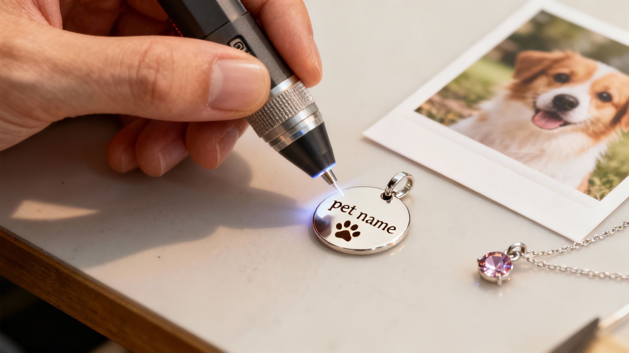 A hand engraves a silver pet tag with "pet name" and a paw print, next to a dog photo.