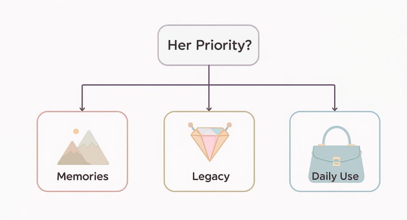 Decision flowchart showing three priority categories for gifts: memories, legacy, and daily use items