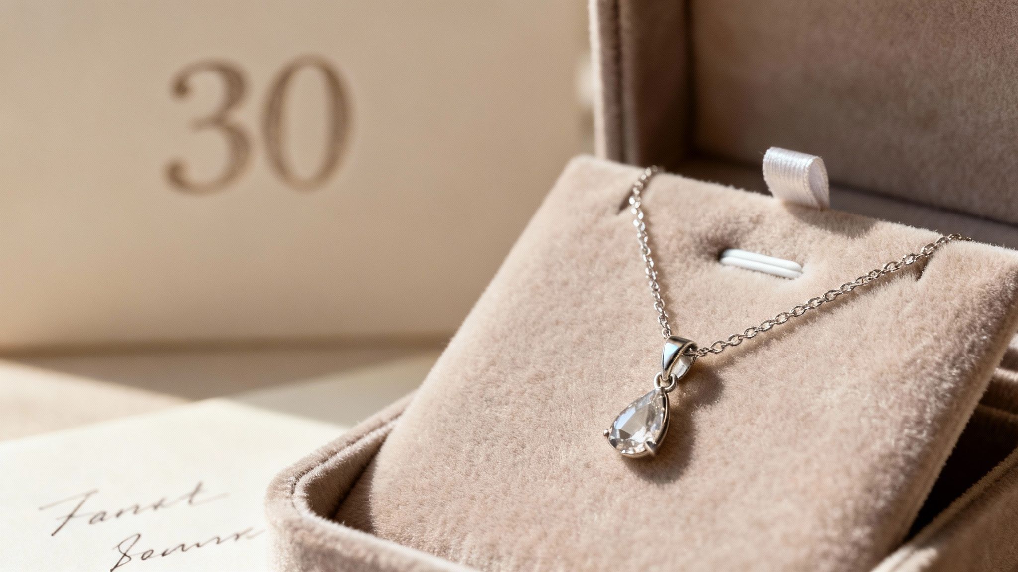 Silver teardrop pendant necklace displayed on beige velvet jewelry box for 30th birthday celebration