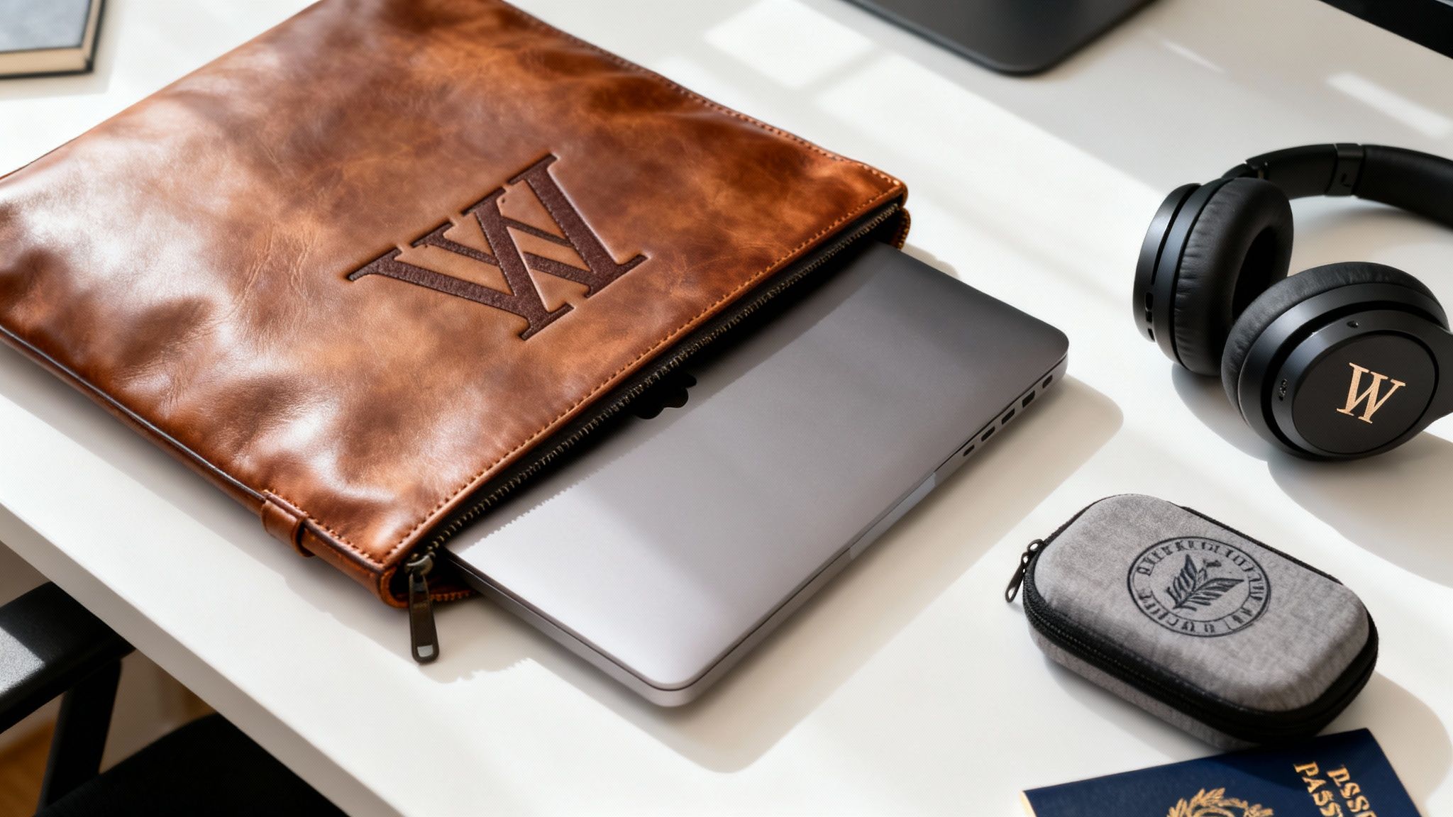 Personalized brown leather laptop sleeve with a silver laptop, black headphones, and a travel pouch.