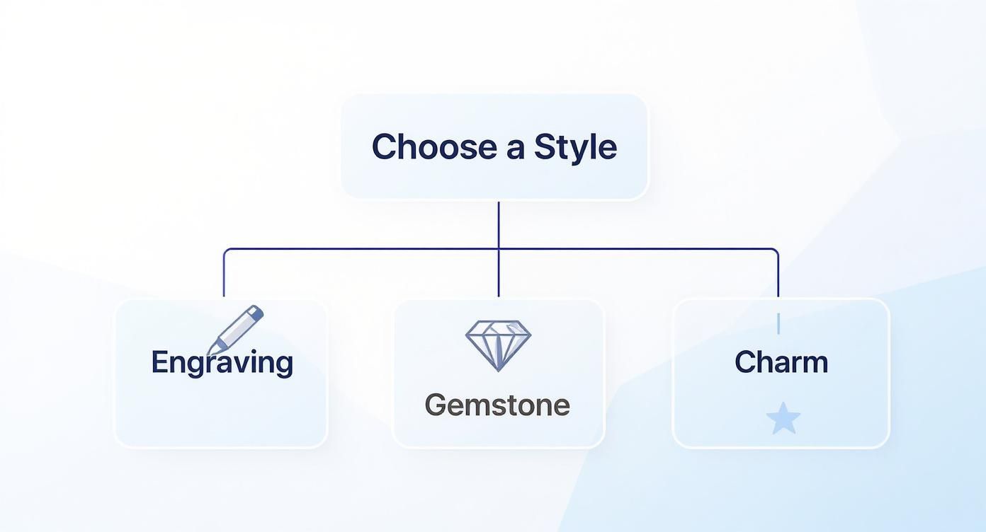 Jewelry customization interface showing three style options: engraving, gemstone, and charm selections