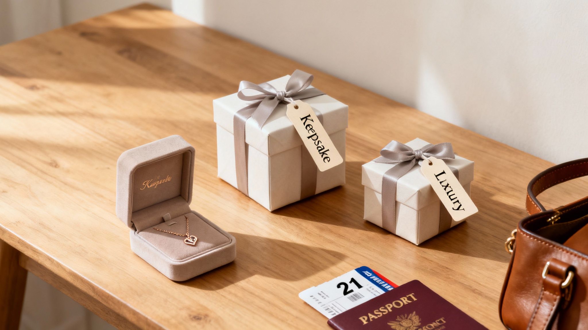 Elegant wrapped gifts with personalized tags and passport on wooden table for birthday celebration