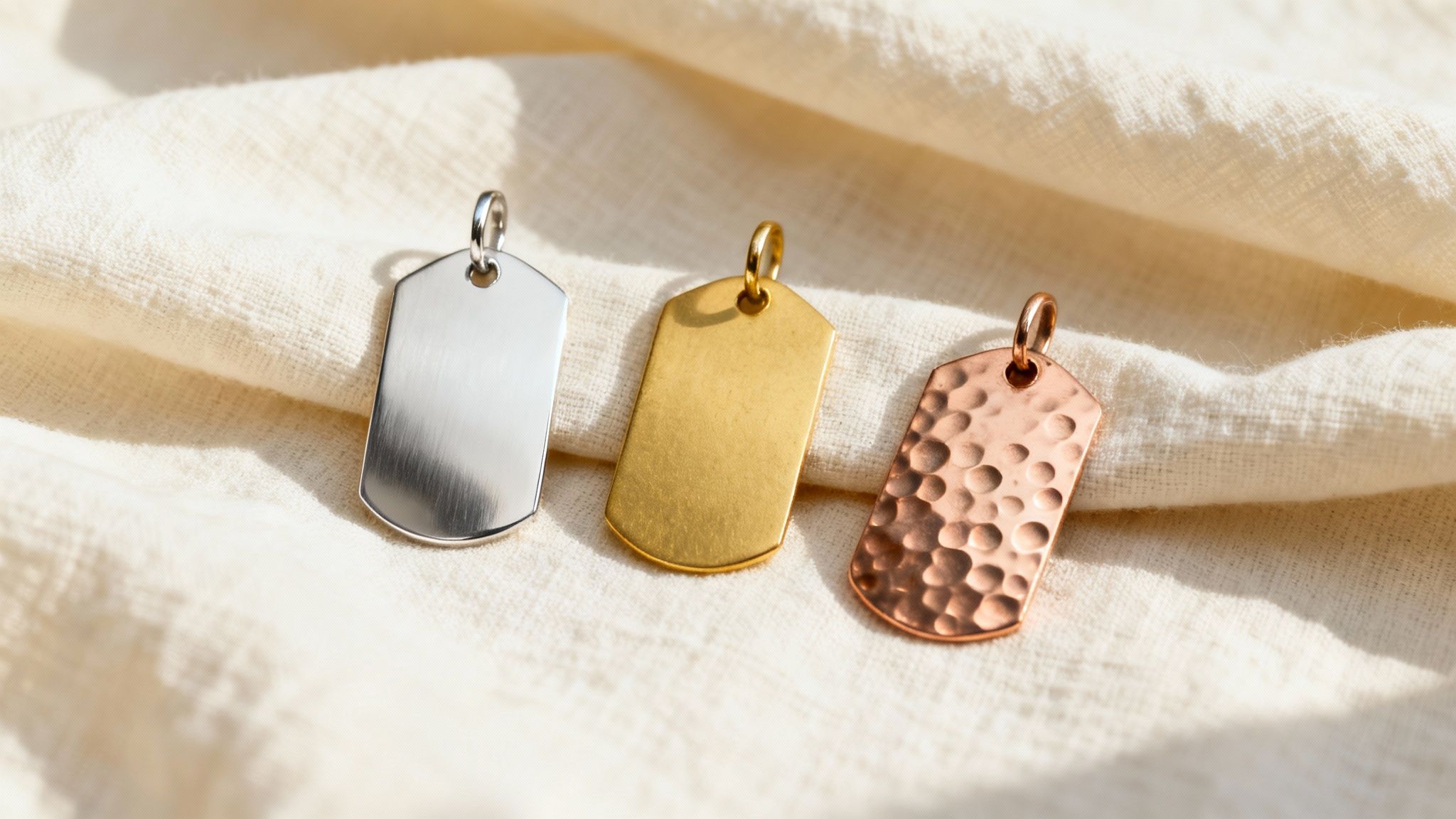 Three metal dog tag pendants in silver gold and rose gold on white linen fabric