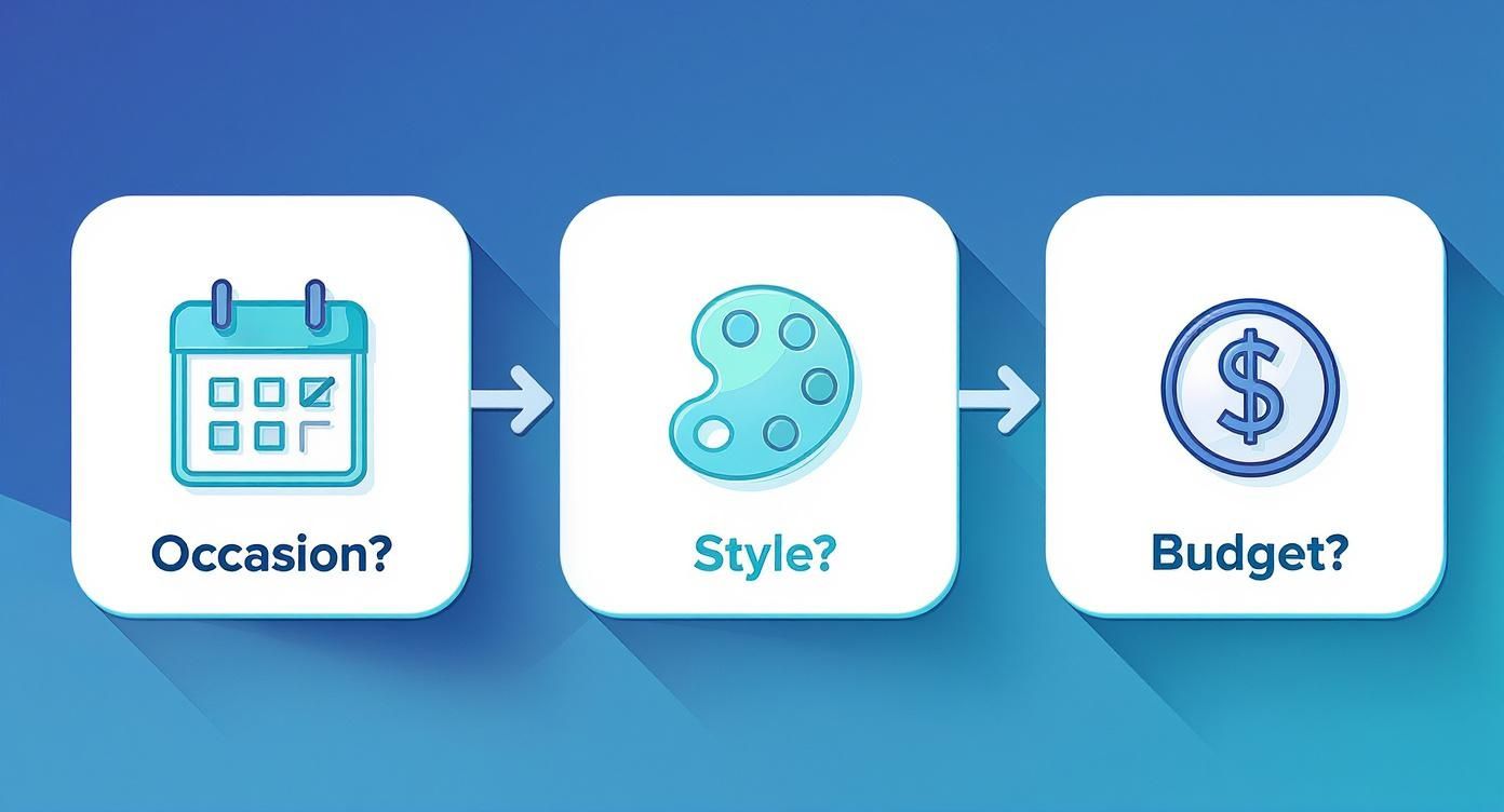 An infographic showing three steps: Occasion with a calendar, Style with a palette, and Budget with a dollar sign.