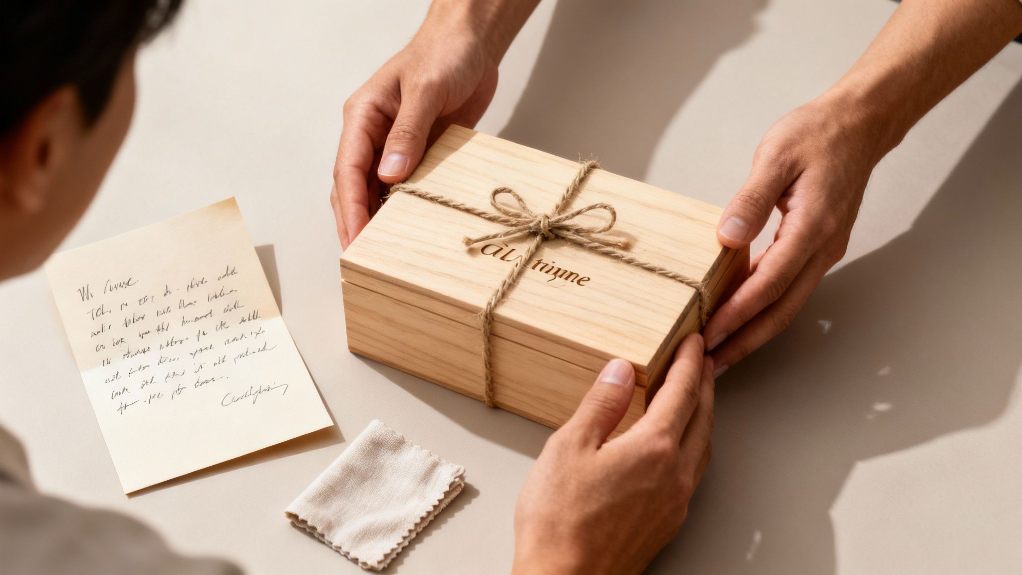 A person receives a rustic wooden gift box tied with twine, alongside a heartfelt handwritten note.