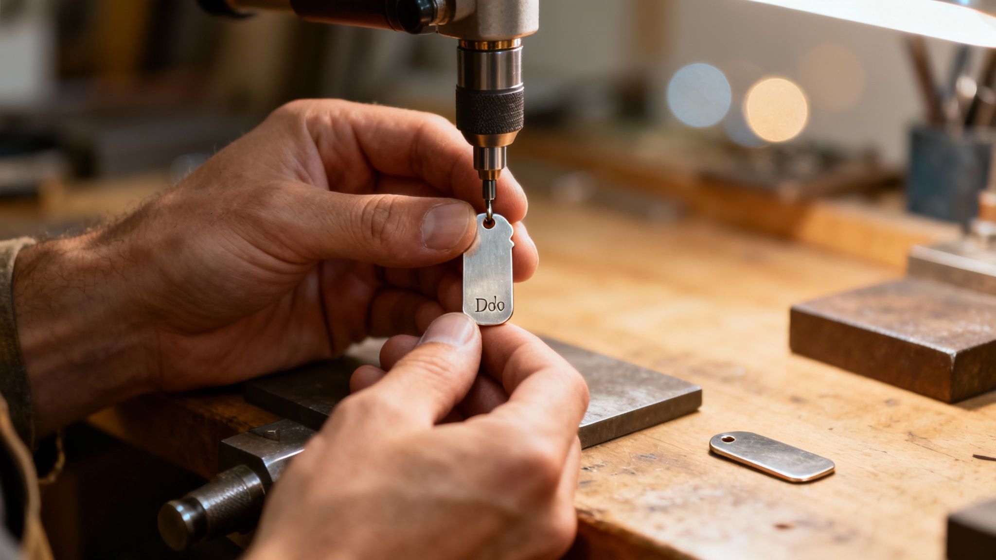 A close-up of a craftsman's hands using an engraving machine on a small metal tag, personalized with 'Ddo'.