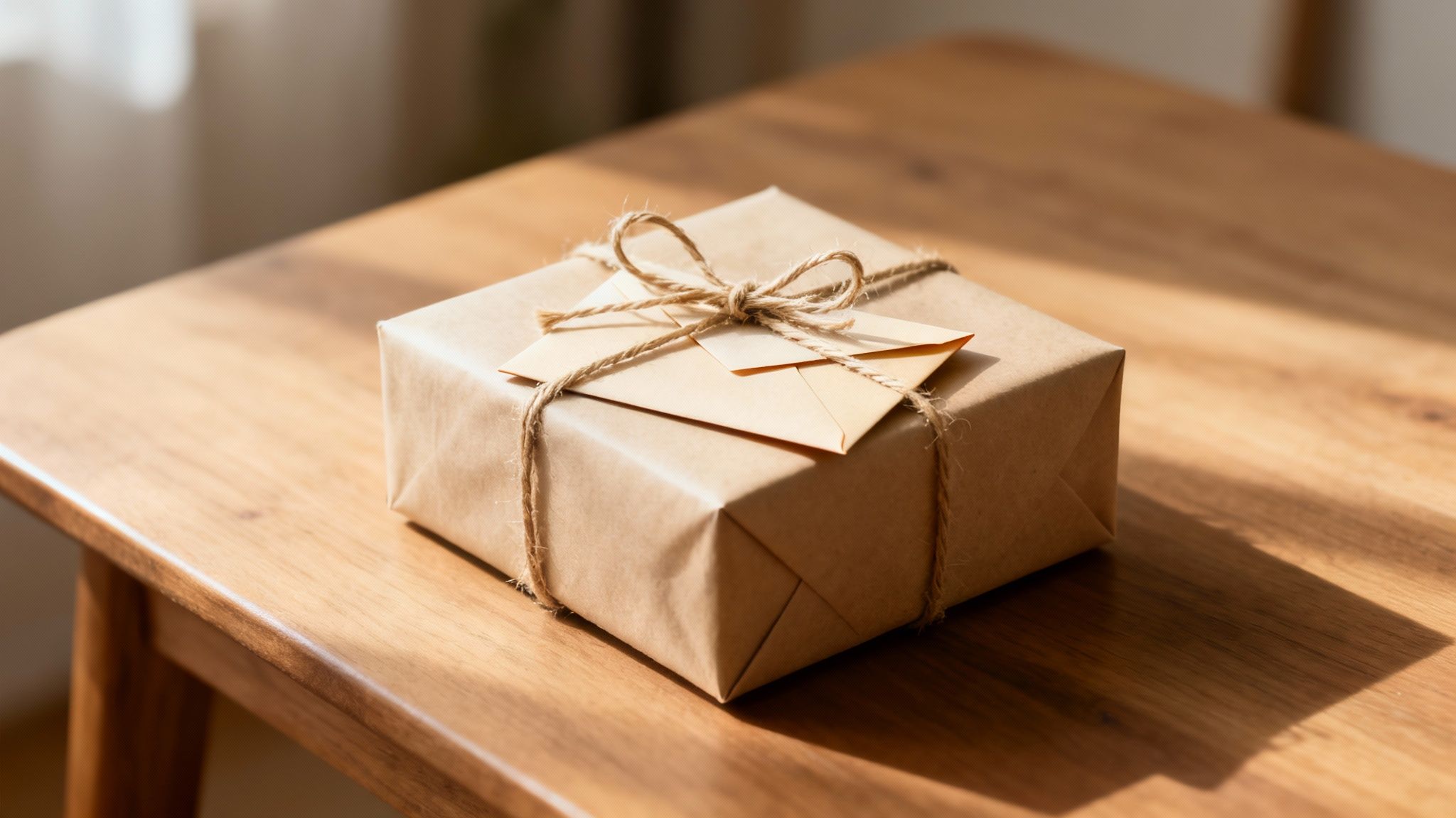 A beautifully wrapped gift box in brown paper with twine and a small envelope on a wooden table.