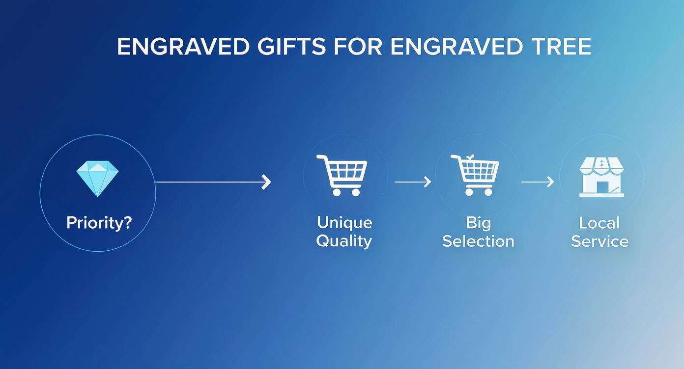 Flowchart showing steps to find engraved gifts: Priority, Unique Quality, Big Selection, Local Service.