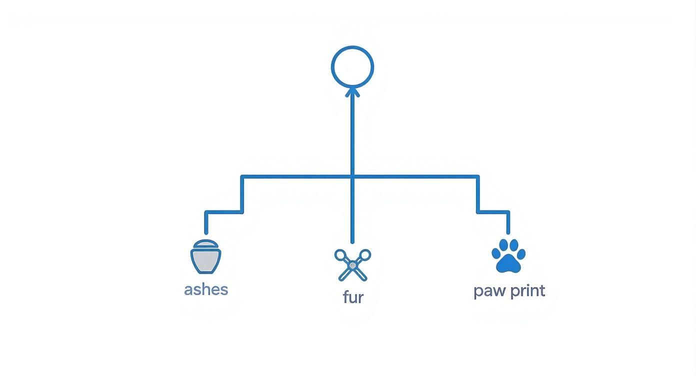 A diagram illustrates pet memorial options: ashes in an urn, fur represented by scissors, and a blue paw print.