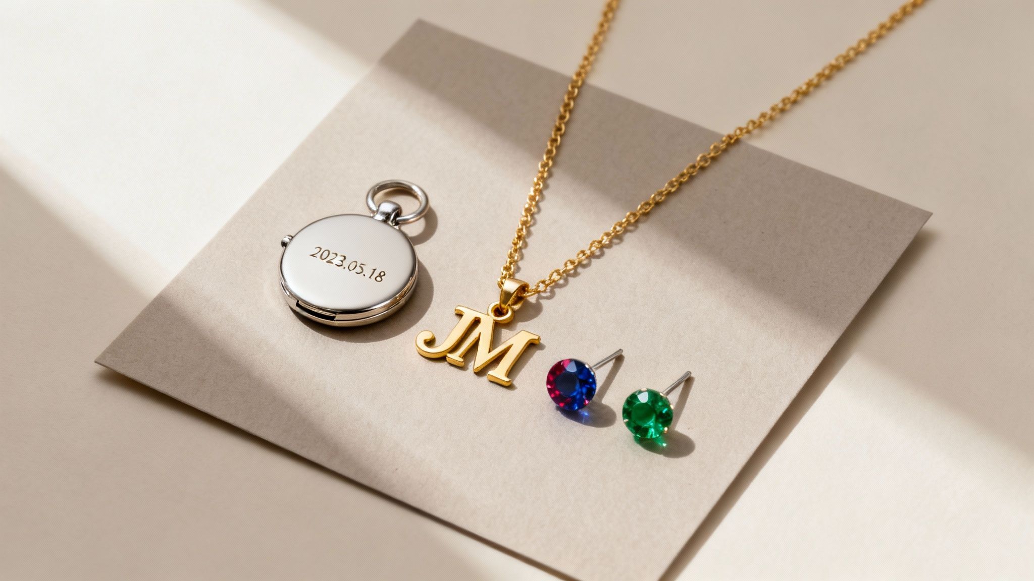 Personalized bride jewelry set including engraved pendant, initial necklace, and colorful gemstone earrings