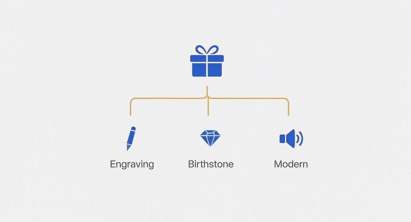 Gift personalization options flowchart showing engraving, birthstone, and modern customization choices for jewelry