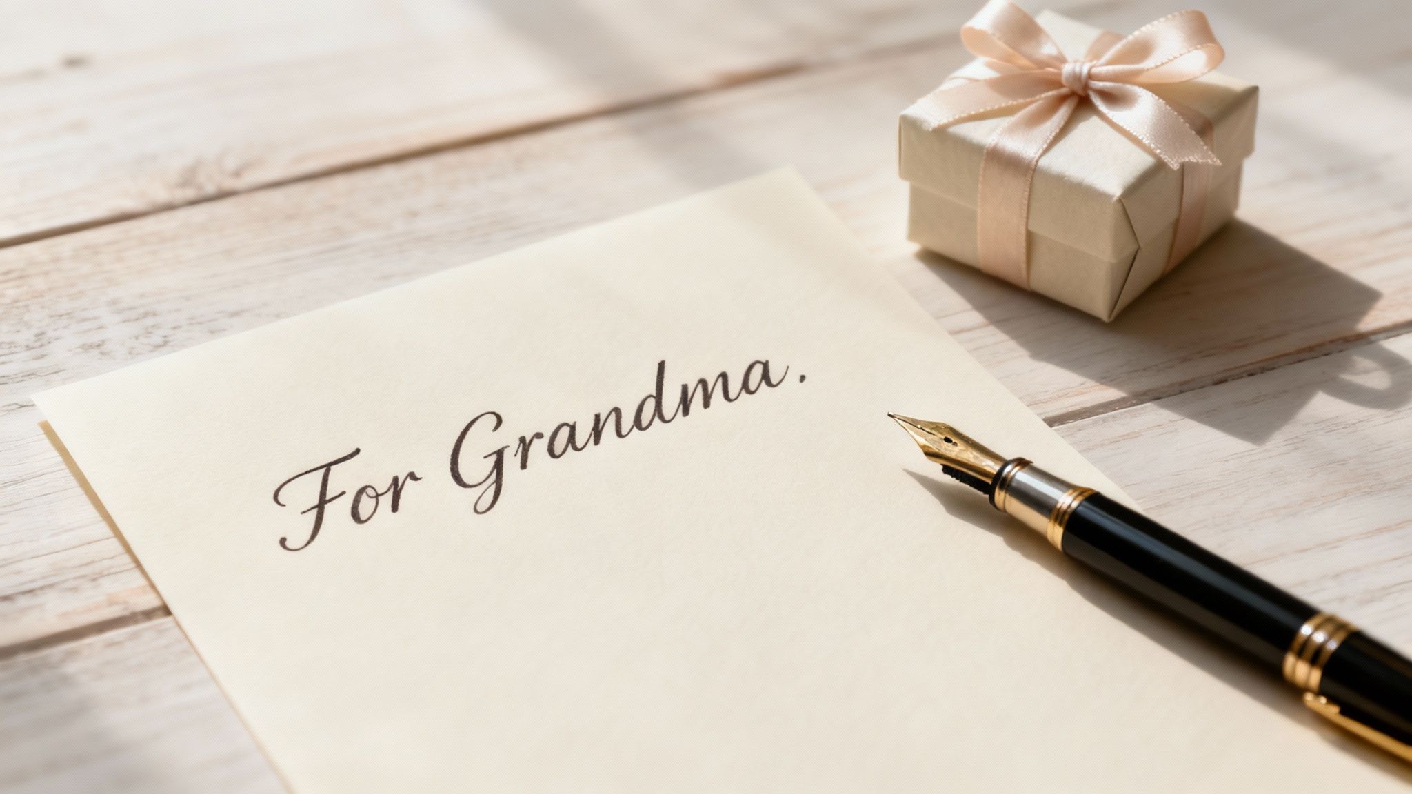 A light wooden table with a handwritten "For Grandma" note, a fountain pen, and a small gift box.