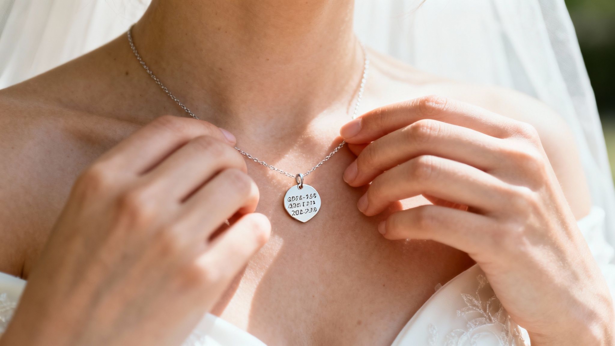 Bride wearing personalized silver necklace pendant with engraved coordinates and date on chain