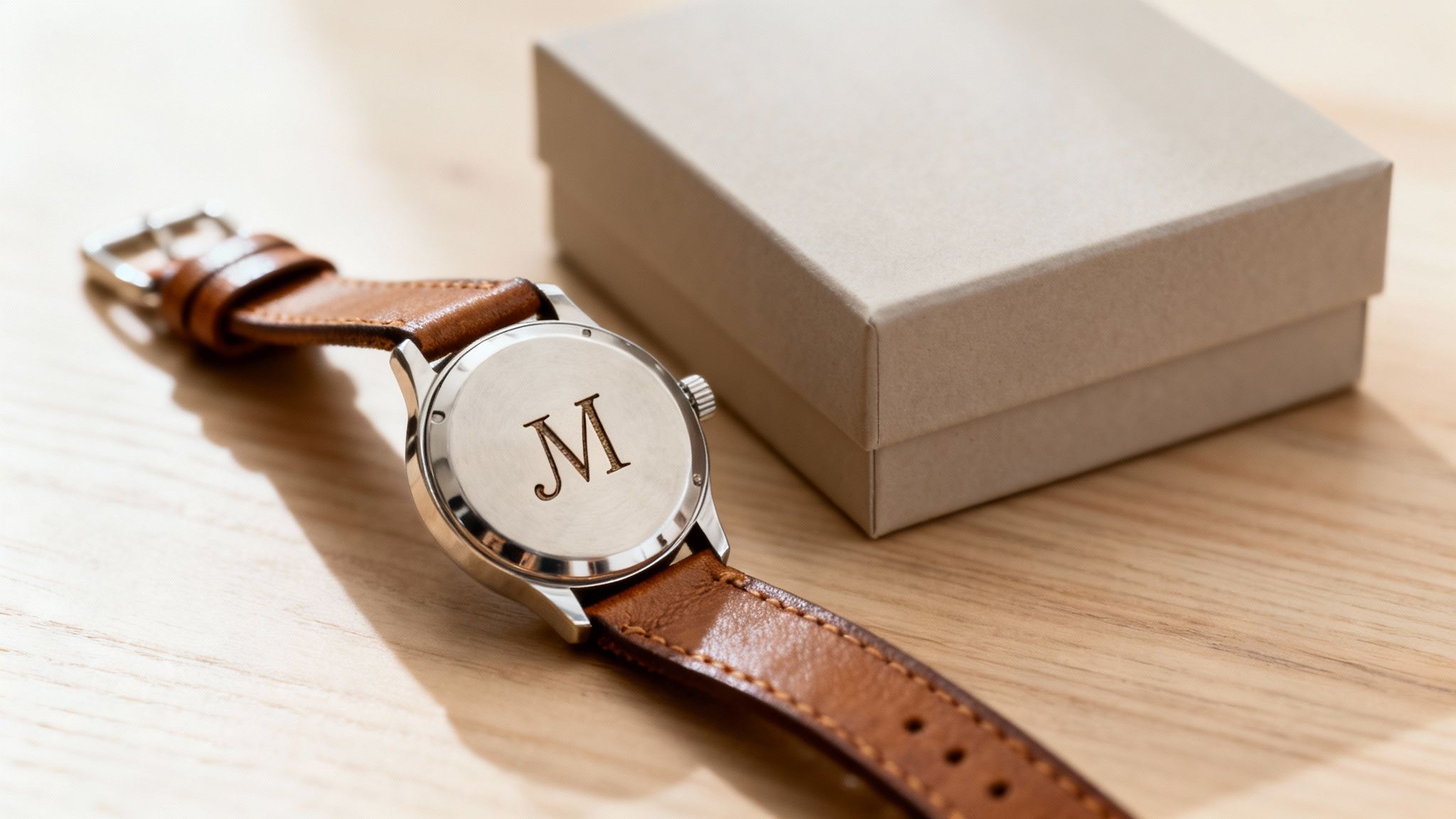 A custom engraved silver watch with a brown leather strap, displaying an 'M', next to a gift box on wood.