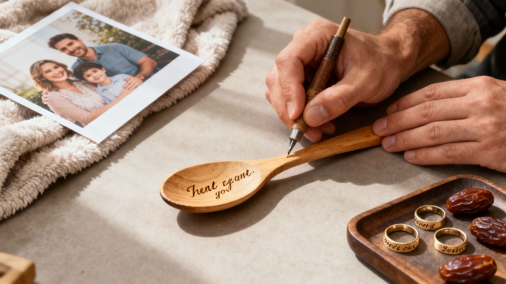 A close-up of hands personalizing a wooden spoon next to a family photo and wedding rings.