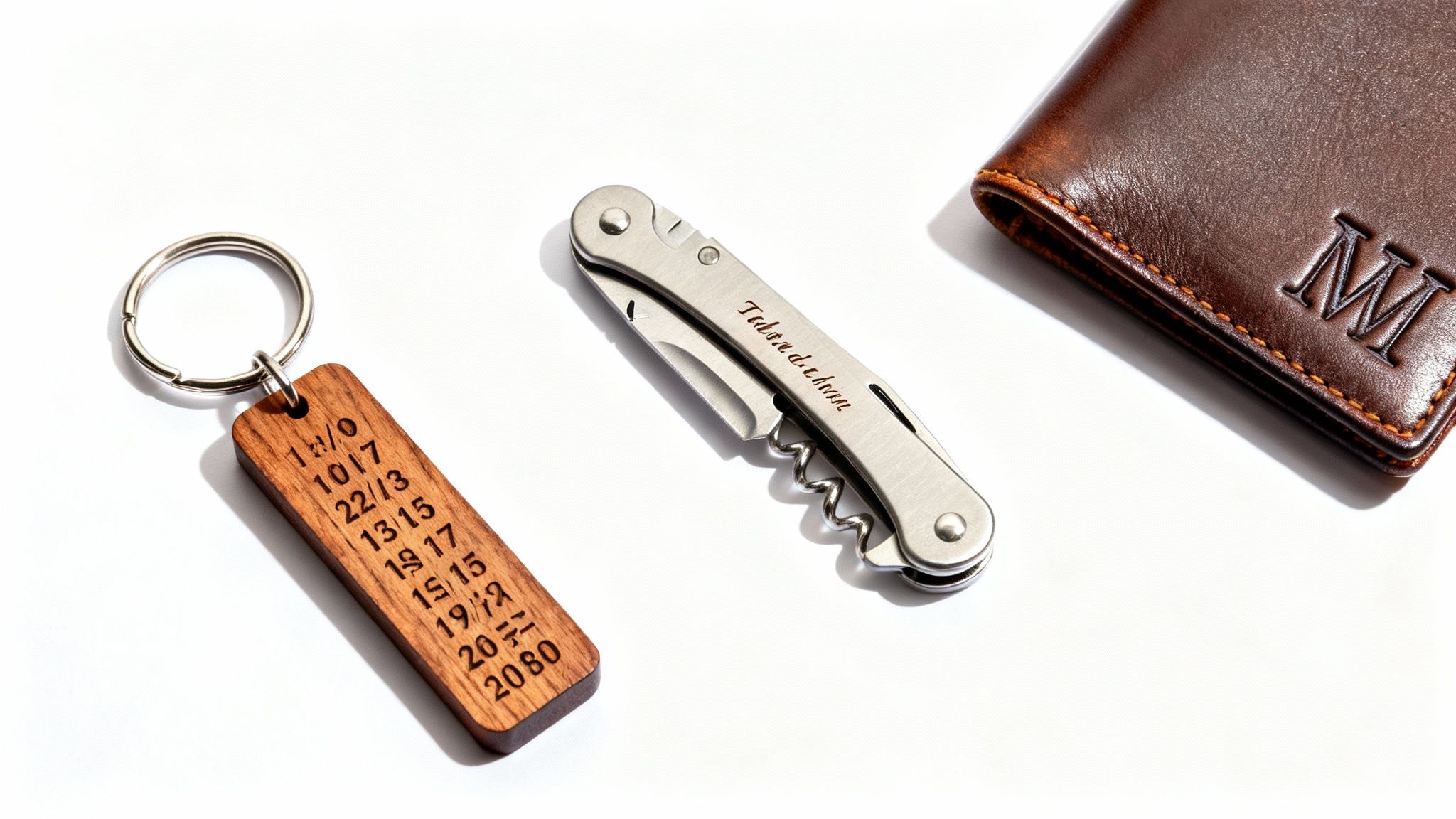 Custom engraved wooden keychain, silver multi-tool, and brown leather wallet on a white background.