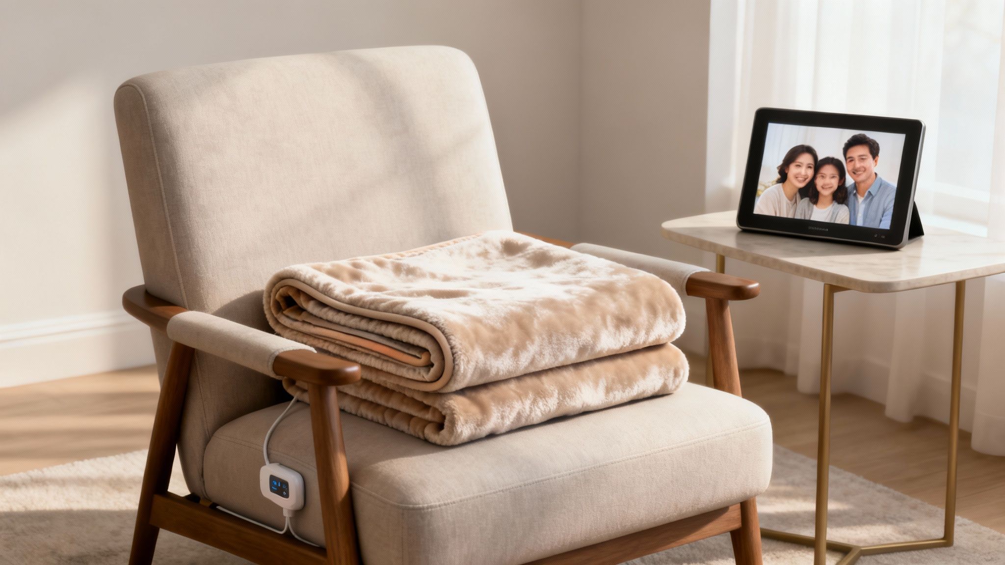An inviting armchair with a folded heated blanket and a tablet displaying a happy family photo.