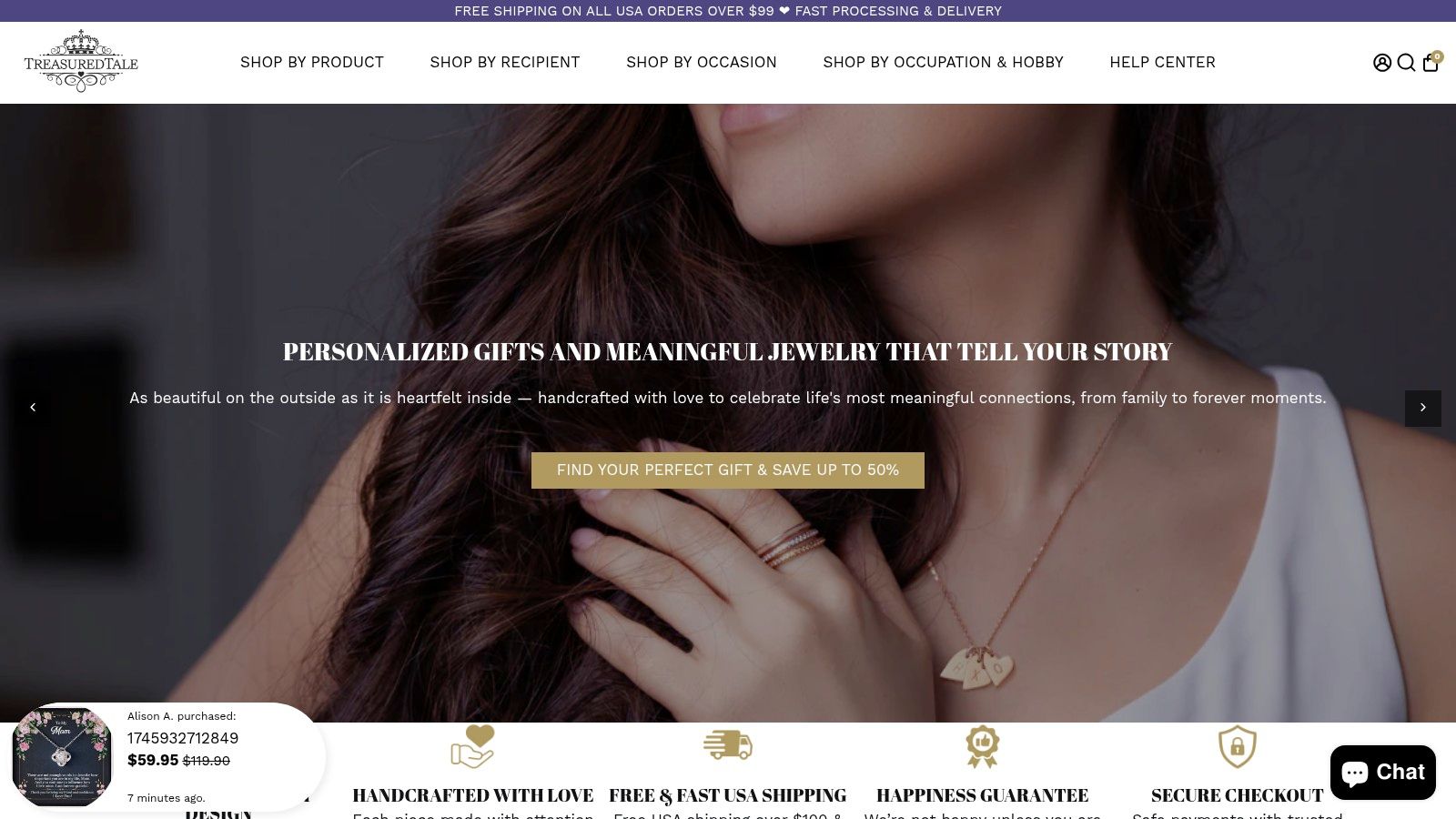 A collection of personalized jewelry from TreasuredTale, including necklaces with message cards and birthstone rings, perfect as meaningful gifts for a wife.