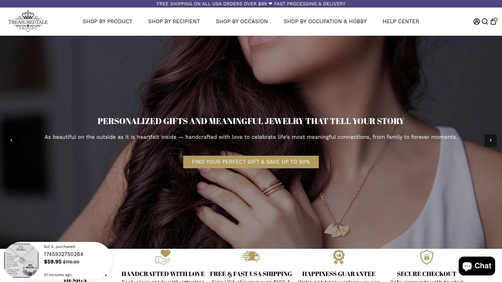 A collection of personalized jewelry from TreasuredTale, including message card necklaces and engraved pieces, highlighting options for Mother's Day gifts.